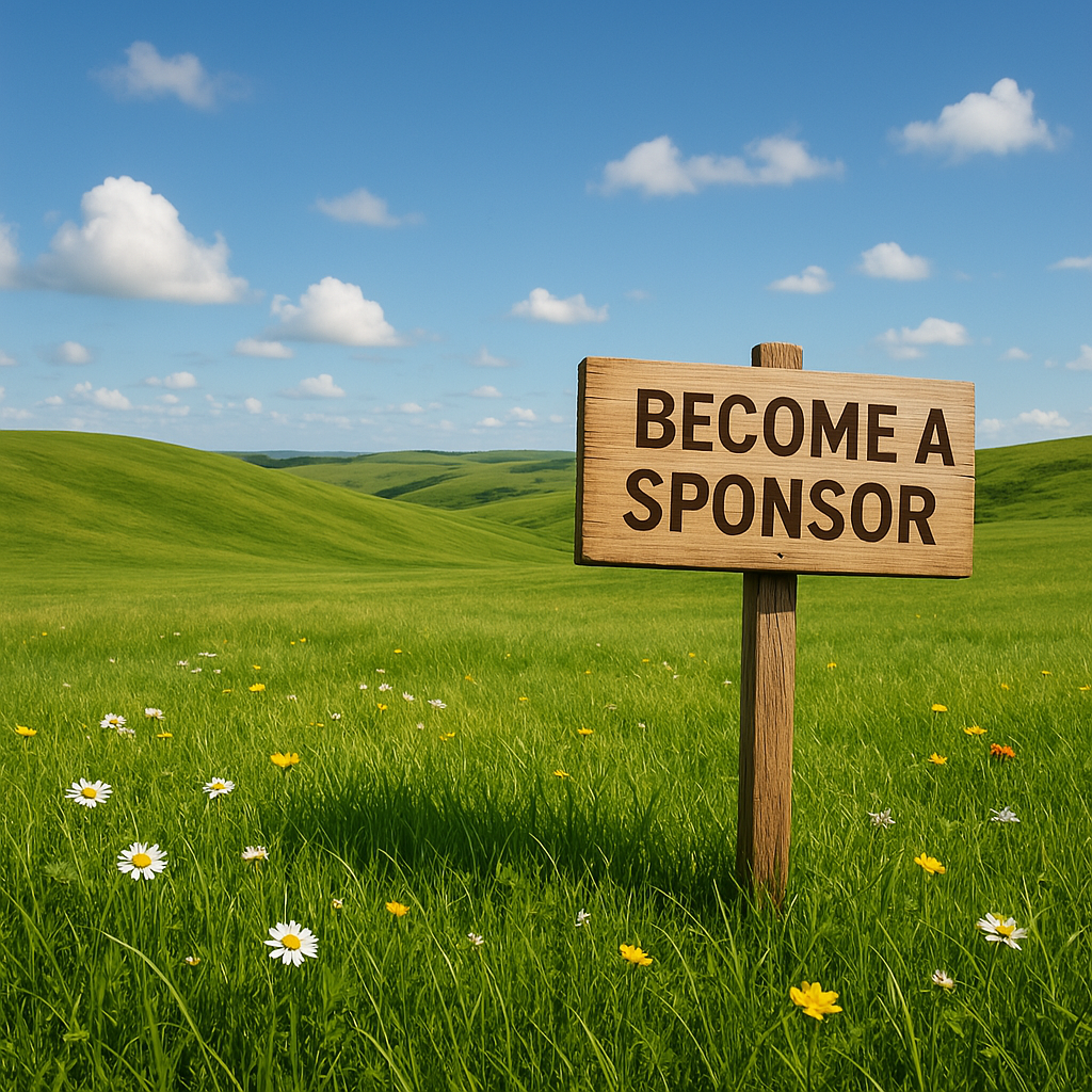An image of a meadow with wildflowers. A sign reading "Become a Sponsor" is posted.