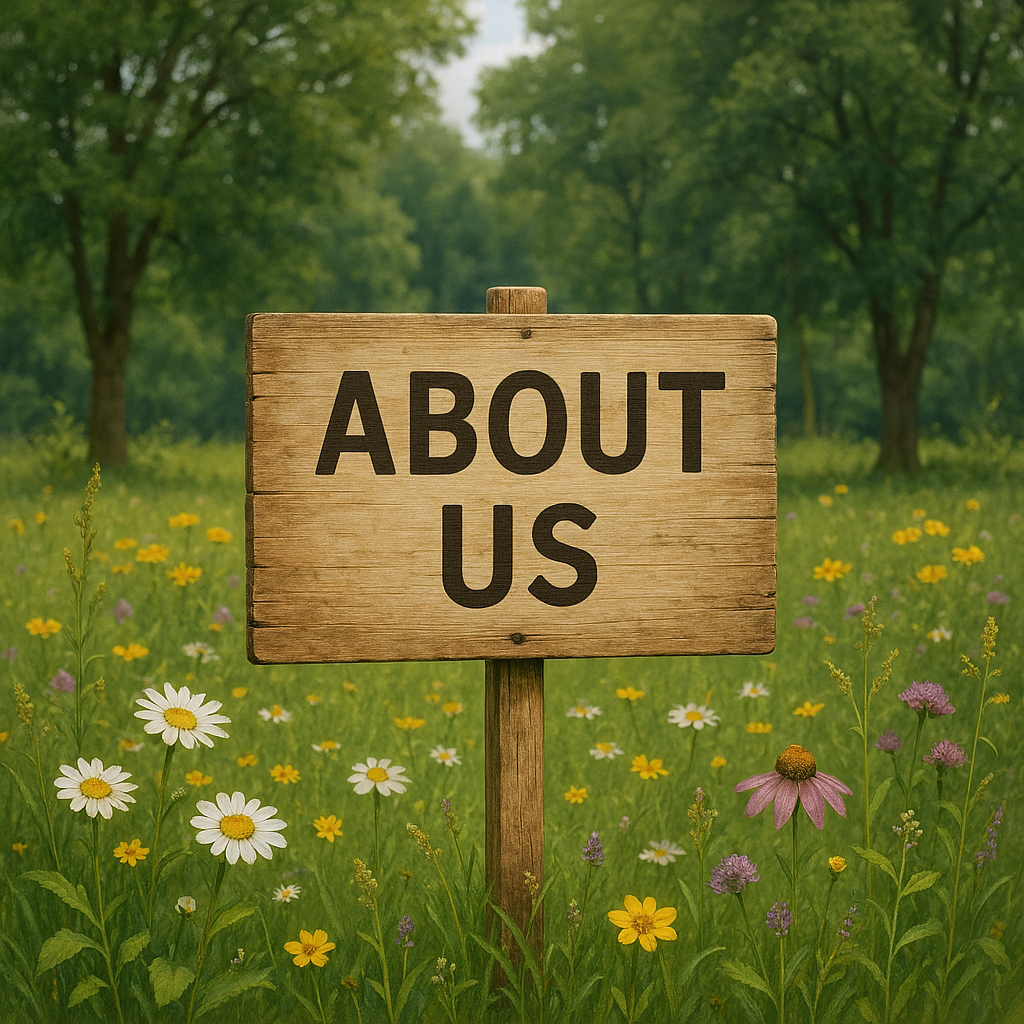 About-Us an image with trees in the background, grass and wildflowers in the foreground, with a sign reading "About Us"