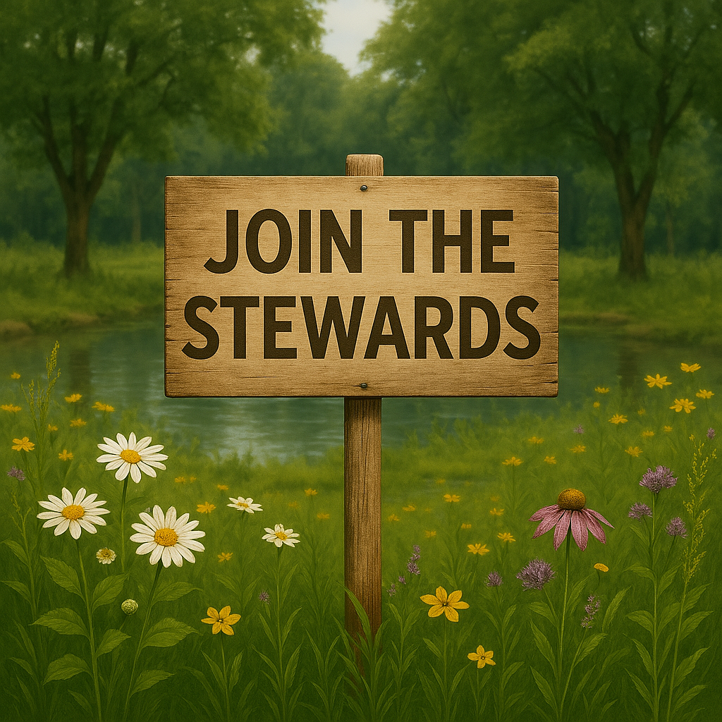 Join the Stewards an image with trees in the background, a pond and wildflowers in the foreground, with a sign reading "Join the Stewards"