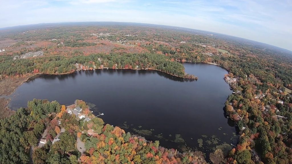 an overhead picture of Heart Pond in Chelmsford, MA taken from a drone